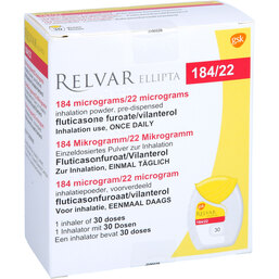 Abbildung: Relvar Ellipta 184 Mikrogramm / 22 Mikrogramm Inh.P. 1X30 St, Inhalationspulver PZN 02360725