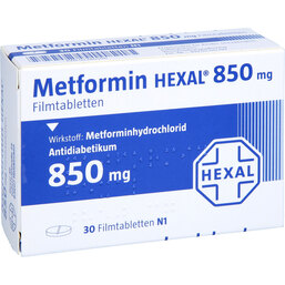 Abbildung: Metformin Hexal 850 mg Filmtabletten 30 St, Filmtabletten PZN 02386506