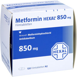 Abbildung: Metformin Hexal 850 mg Filmtabletten 120 St, Filmtabletten PZN 02386512