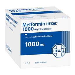 Abbildung: Metformin Hexal 1000 mg Filmtabletten 120 St, Filmtabletten PZN 02386618
