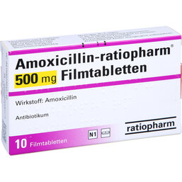 Abbildung: Amoxicillin Ratiopharm 500 mg Filmtabletten 10 St, Filmtabletten PZN 02394374