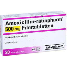 Abbildung: Amoxicillin Ratiopharm 500 mg Filmtabletten 20 St, Filmtabletten PZN 02394380