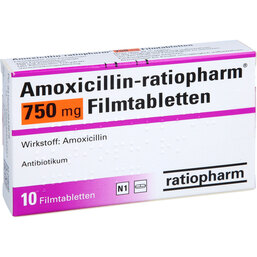Abbildung: Amoxicillin Ratiopharm 750 mg Filmtabletten 10 St, Filmtabletten PZN 02394397