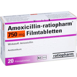 Abbildung: Amoxicillin Ratiopharm 750 mg Filmtabletten 20 St, Filmtabletten PZN 02394405