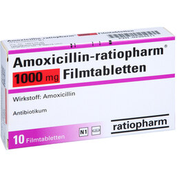 Abbildung: Amoxicillin Ratiopharm 1000 mg Filmtabletten 10 St, Filmtabletten PZN 02394411