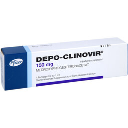 Abbildung: Depo Clinovir 150 mg Injektionssuspension in einer Fertigspritze 1 St, Fertigspritzen PZN 02405793