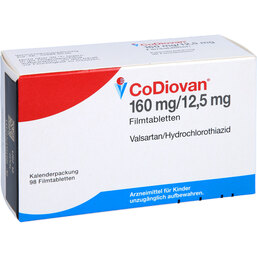 Abbildung: Codiovan 160 mg / 12,5 mg Filmtabletten 98 St, Filmtabletten PZN 02428883
