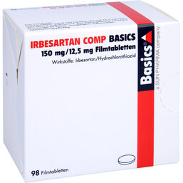 Abbildung: Irbesartan Comp Basics 150 mg / 12,5 mg Filmtabletten 98 St, Filmtabletten PZN 02460065