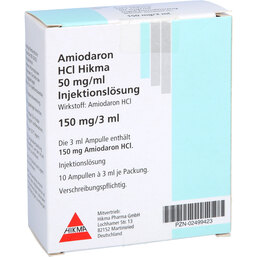 Abbildung: Amiodaron HCL Hikma 50mg / ml Injektion lösung 10X3 ml, Ampullen PZN 02499423