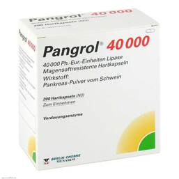 Abbildung: Pangrol 40000 magensaftresistente Kapseln 200 St, Hartkapseln mit magensaftresistent überzogenen Pellets PZN 02537856