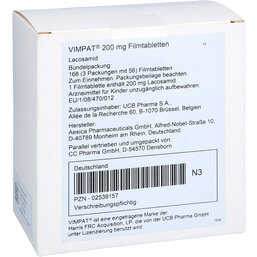 Abbildung: Vimpat 200 mg Filmtabletten 168 St, Filmtabletten PZN 02539157