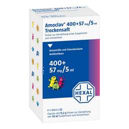 Abbildung: Amoclav 400 mg + 57 mg / 5 ml Pulver z.Suspension-Herstellung 70 ml, Pulver zur Herstellung einer Suspension zum Einnehmen PZN 02557959