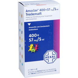 Abbildung: Amoclav 400 mg + 57 mg / 5 ml Pulver z.Suspension-Herstellung 140 ml, Pulver zur Herstellung einer Suspension zum Einnehmen PZN 02563575