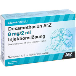 Abbildung: Dexamethason AbZ 8 mg / 2 ml Injektionslösung Ampullen 3 St, Ampullen PZN 02710208
