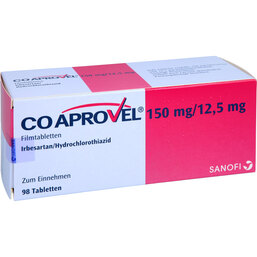 Abbildung: Coaprovel 150 mg / 12,5 mg Filmtabletten 98 St, Filmtabletten PZN 02766628