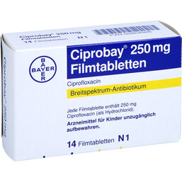 Abbildung: Ciprobay 250 mg Filmtabletten 14 St, Filmtabletten PZN 02804926