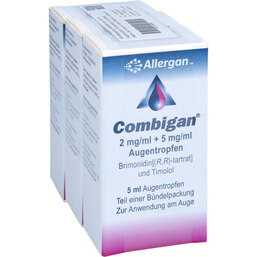 Abbildung: Combigan 2 mg / ml + 5 mg / ml Augentropfen 3X5 ml, Augentropfen PZN 02836346