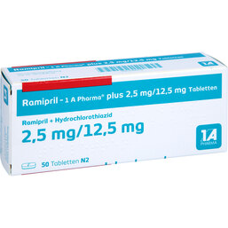 Abbildung: Ramipril 1A Pharma plus 2,5 mg / 12,5 mg Tabletten 50 St, Tabletten PZN 02889578