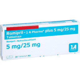 Abbildung: Ramipril 1A Pharma plus 5 mg / 25 mg Tabletten 20 St, Tabletten PZN 02889590
