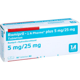Abbildung: Ramipril 1A Pharma plus 5 mg / 25 mg Tabletten 50 St, Tabletten PZN 02889609