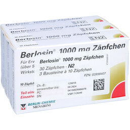 Abbildung: Berlosin 1000 mg Suppositorien 30 St, Suppositorien PZN 02898407