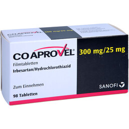 Abbildung: Coaprovel 300 mg / 25 mg Filmtabletten 98 St, Filmtabletten PZN 02912509