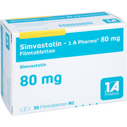 Abbildung: Simvastatin 1A Pharma 80 mg Filmtabletten 50 St, Filmtabletten PZN 02918280