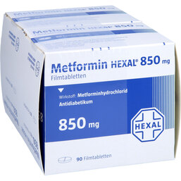 Abbildung: Metformin Hexal 850 mg Filmtabletten 180 St, Filmtabletten PZN 02937544