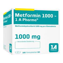 Abbildung: Metformin 1000 1A Pharma Filmtabletten 180 St, Filmtabletten PZN 02950970