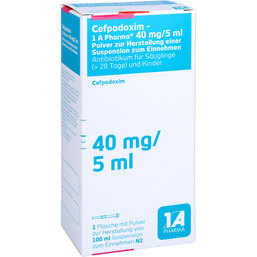 Abbildung: Cefpodoxim 1A Pharma 40mg / 5ml Pulver zur He.einer Suspension 100 ml, Pulver zur Herstellung einer Suspension zum Einnehmen PZN 03005021