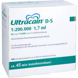 Abbildung: Ultracain D-S 1:200.000 für d.Zahnheilk. Zyl.-Ampulle 100X1.7 ml, Zylinderampullen PZN 03016651