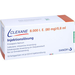 Abbildung: Clexane 80 mg 0,8 ml Injektionslösung in einer Fertigspritze 10 St, Injektionslösung in einer Fertigspritze PZN 03048349