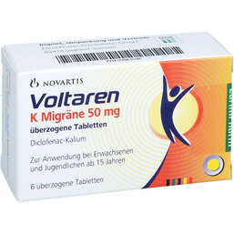 Abbildung: Voltaren K Migräne 50 mg Tabletten 6 St, Überzogene Tabletten PZN 03063596