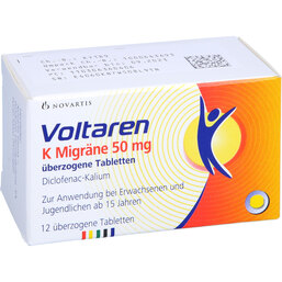 Abbildung: Voltaren K Migräne 50 mg Tabletten 12 St, Überzogene Tabletten PZN 03063604