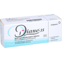 Abbildung: Diane 35 überzogene Tabletten 6X21 St, Überzogene Tabletten PZN 03076647
