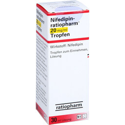 Abbildung: Nifedipin ratiopharm 20 mg / ml Tropfen zum Einnehmen 30 ml, Tropfen zum Einnehmen PZN 03146891