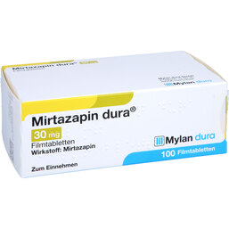 Abbildung: Mirtazapin dura 30 mg Filmtabletten 100 St, Filmtabletten PZN 03152816