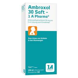 Abbildung: Ambroxol 30 Saft 1A Pharma Lösung zum Einnehmen, 250 ml PZN 03201578