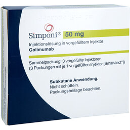 Abbildung: Simponi 50 mg Injektionslösung in vorgef.Injektor 3X1 St, Injektionslösung PZN 03297905