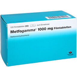 Abbildung: Metfogamma 1000 mg Filmtabletten 120 St, Filmtabletten PZN 03323761
