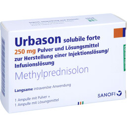 Abbildung: Urbason solubile forte 250 mg Trockensubstanz mit Lösungsmittel 1 St, Pulver u Lösungsm. z. Herst. e.Injektions- bzw. Infusionsl. PZN 03332352