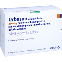 Abbildung: Urbason solubile forte 250 mg Trockensubstanz mit Lösungsmittel 5 St, Pulver u Lösungsm. z. Herst. e.Injektions- bzw. Infusionsl. PZN 03332369