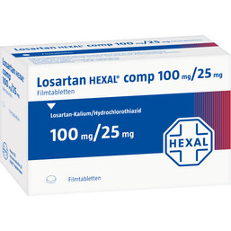 Abbildung: Losartan Hexal comp 100mg / 25mg Filmtabletten 98 St, Filmtabletten PZN 03349393