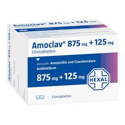 Abbildung: Amoclav 875 mg + 125 mg Film 20 St, Filmtabletten PZN 03361017
