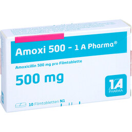 Abbildung: Amoxi 500 1A Pharma Filmtabletten 10 St, Filmtabletten PZN 03410891