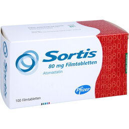 Abbildung: Sortis 80 mg Filmtabletten 100 St, Filmtabletten PZN 03428402