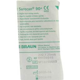Abbildung: Surecan Kanüle 20 Gx25 mm abgewinkelt 1 St, Kanüle PZN 03429347