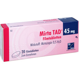Abbildung: Mirta TAD 45 mg Filmtabletten 20 St, Filmtabletten PZN 03447351