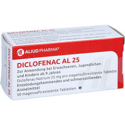Abbildung: Diclofenac AL 25 magensaftresistente Tabletten 50 St, Tabletten magensaftresistent PZN 03525370