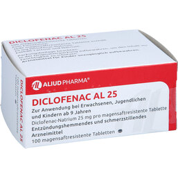 Abbildung: Diclofenac AL 25 magensaftresistente Tabletten 100 St, Tabletten magensaftresistent PZN 03525387